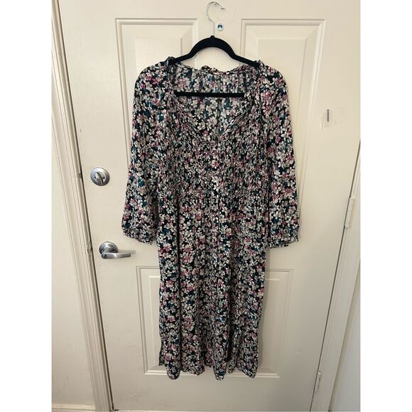 Terra & Sky Dress Multicolor Floral Smocked Midi Side Slits, Sz XL - Picture 10 of 10